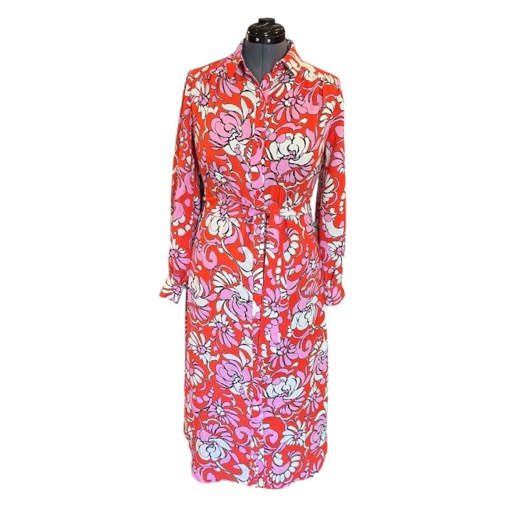 Trina Turk Shirt Dress Womens  Orange Floral Slip Collar Button Front Size S